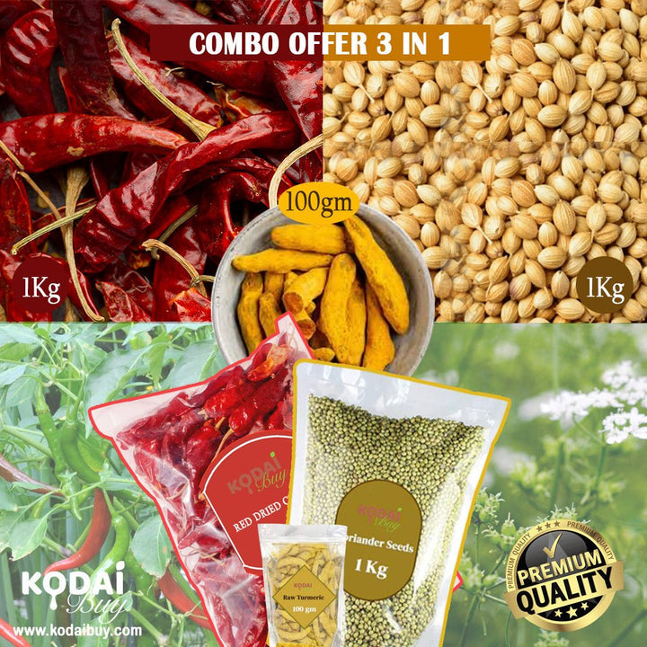 Dried Red Chilli, Coriander Seeds and Raw Turmeric | 3 in 1 Combo Offer | KodaiBuy